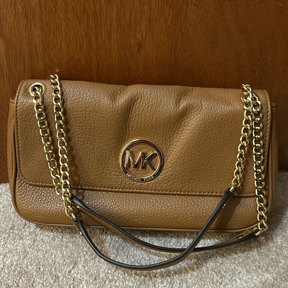 Michael Kors Fulton Chain Shoulder Bag Brown Leather Handbag